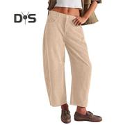 (beige, XXL) Women Corduroy Pants Elastic Waist Mid-rise Button Zipper Fly Wide Leg Casual Trousers with Pockets Solid Color Slacks