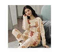 (Beige, XXXL) Fall and Winter Women's Suit Pajamas Long-Sleeved Long Pants Homewear Two-Piece Set Ladies Cartoon Pattern Sleepwear Loungewear