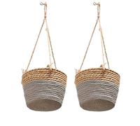BEIJIALY 2 Pack Seagrass Hanging Planter Basket, Rattan Woven Plant Hanger, Rattan Hanging Planter Macrame Plant Hanger, Flower Pot Holder for Garden, Outdoor, Indoor,(Grey)