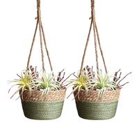 BEIJIALY 2 Pack Seagrass Hanging Planter Basket, Rattan Woven Plant Hanger, Rattan Hanging Planter Macrame Plant Hanger, Flower Pot Holder for Garden, Outdoor, Indoor,(Green)