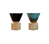 BEIJIALY 2 Pcs Coarse Pottery Coffee Mug with Base, 200ml Ceramic Japanese Coffee Tea Cup Mug, Creative Triangular Cone Shape Porcelain Mug for Home Office(Blue Black)