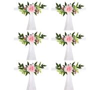 BEIJIALY Wedding Aisle Decorations Pew Flowers Set of 6, Church Chair Bench Pew Bows Artificial Penoy Chair Decor with Eucalyptus and Ribbons for Wedding Ceremony Church, Pink