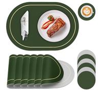 BEIJIE Placemats and Coaster Sets 6, Washable Stain Resistant Wipeable Table Mats Set of 6, Dual Sided Faux Leather Placemats Set of 6, Heat Resistant Large Place Mats for Table 6, 45*30cm, Green&Grey
