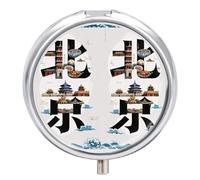 Beijing China Pill Box - 3 Compartment, Round Metal Pill Case with Mirror, Portable Medicine Holder for Purse/Wallet/Travel