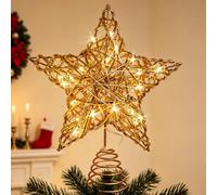 BEIKIMSU 9.5'' Gold Star Christmas Tree Topper with 20 LED Lights, Xmas Tree Topper, Metallic Sheen, LED Warm Light, Retractable Base, Light up Christmas Ornaments, Christmas Decoration Indoor