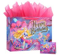 BeiLaad 16.5” Extra Large Mermaid Happy Birthday Gift Bag Set with Handles, Greeting Card, Purple Tissue Papers and Stickers for Kids Girls Women Teens, 1 Pcs