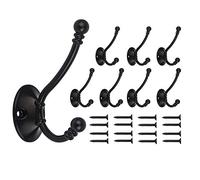 Beilala Large Coat Hooks for Door - 8 Pack Antique Heavy Duty Double Prong Bedroom Bathroom Hook Wall Mounted for Clothes, Robe, Towel, Hat, Bag, Key (Black)