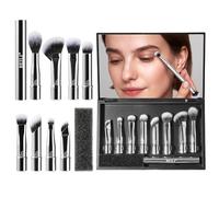BEILI Travel Eye Makeup Brushes Set 8pcs Removable Double Sided Makeup Brush with Mirror Box & Removal Cleaner Sponge for Concealer Eyeshadow Contour Powder Blending Eyebrow Eyeliner Silver S103