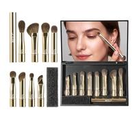 BEILI Travel Eye Makeup Brushes Set 8pcs Removable Double Sided Makeup Brush with Mirror Box & Removal Cleaner Sponge for Concealer Eyeshadow Contour Powder Blending Eyebrow Eyeliner Golden S101