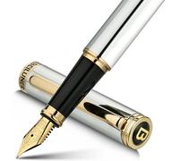 BEILUNER Silver Chrome Fountain Pen,Stunning Luxury Pens with 24K Gold Accents, Gorgeous 24K Gilded Nib(Medium), Ink Converter,Fancy Pen Gift for Men&Women-Elegant, Office, Executive,Nice for Writing