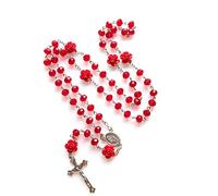 Beimus Rose Crystal Rosary Necklace Catholic Vintage Crucifix Pendant Long Religious Jewelry Women Girls Rosary for Men