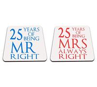 Being Mr Right & Mrs Always Right Set of 2 Wedding Anniversary, Valentines Day, Couple Square Coaster Set. (25 Years)