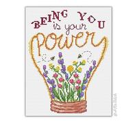 Being You is Your Power Cross Stitch Kit with DMC Threads & Fabric, Positivity Embroidery Pattern, Inspiring Cross Stitch Quote for Friend, Lightbulb Flower