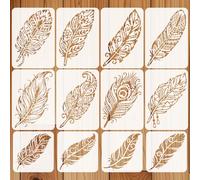 beinkmake 12Pcs Feather Stencil for Painting Reusable PET Painting Stencils Set Mandala Drawing Templates for Wood Furniture Canvas Paper Fabric