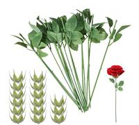 beinkmake 25Pcs Floral Wire Stem with Leaves 25Pcs Artificial Flower Calyxes Set Faux Rose Stems Plastic Flower Sepal DIY Craft Bouquet Wedding Floral Arrangement Tools