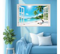 beinkmake 2pcs Summer Beach Wall Mural 3D Effect Island with Coconut Tree Faux Window Wall Decal Stick and Peel Wall Decals for Bathroom Bedroom Decor 11.8x35.4inch