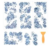 beinkmake 3 Sheets Blue Peonies Rub on Transfers for Crafts and Furniture 12×6inch Flower Border Furniture Transfer Stickers for Wood Furnitures Cabinet Dressers Home Decor