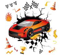 beinkmake 3D Racing Cars Wall Decals Fast Red Car Break Through The Wall Stickers Simulation Crack Hole Flags Flames Wall Decor Gifts for Boys Bedroom Nursery Living Room Apartment