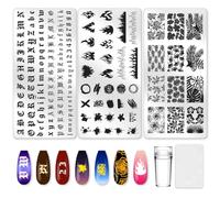 beinkmake 3Pcs Flame Nail Stamping Plate Letter Number Leaves Nail Stamp Templates Nail Art Stamp Plates Image Plate Stainless Steel DIY Reusable Tools with Stamper Scraper for Manicure Printing
