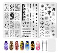 beinkmake 3Pcs Punk Nail Stamping Plate Set Snake Heart Nail Stamping Templates French Line Tip Nail Plates Flames Star Stainless Steel DIY Reusable Tools with Stamper Scraper for Manicure Printing