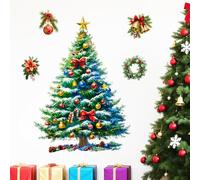 beinkmake 4pcs Large Christmas Tree Wall Decal Xmas Tree Giant Sticker with Holly Wreath Bell Colored Ball for Home Party Shop Window Decor 11.8x35.4inch