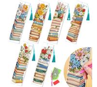 beinkmake 6pcs Diamond Painting Bookmark Set Stack of Books and Flowers Acrylic Bookmarks with Tassels DIY Art Gift for Book Lovers 7.87x1.97 Inches