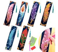 beinkmake 6pcs Feather Pattern Diamond Bookmark Gem Art for Adults Book Mark Retro 5D Diamond Art Bookmarks DIY Diamond Art Bookmarks Kit with Tassel