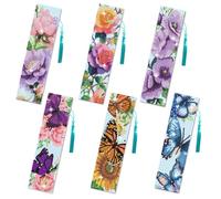 beinkmake 6Pcs Flower Butterfly 5D Diamond Art Bookmarks Sunflower Paeony Roses Floral Diamond DIY Painting Bookmarks Rhinestones Beaded Acrylic Tassel Bookmark for Adult Beginner Crafts