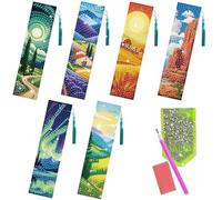beinkmake 6Pcs Landscapes Diamond Art Bookmarks Books Diamond DIY Painting Bookmarks Trees Wheat Fields Aurora Mountain Rhinestones Beaded Acrylic Tassel Bookmark for Adult Beginner Crafts