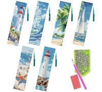 beinkmake 6Pcs Summer Ocean 5D Diamond Art Bookmarks Sea Diamond DIY Painting Bookmarks Lighthouse Sailboat Beach Starfish Rhinestones Beaded Acrylic Tassel Bookmark for Adult Beginner Crafts