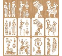 beinkmake 8Pcs African Tribal Stencil for Painting Reusable PET Painting Stencils Set African Women Drawing Templates for Wood Furniture Canvas Paper Fabric