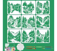beinkmake 9pcs Waterfall Landscape Stencils for Painting with Paint Set, Nature Scenic Art Templates, Reusable Painting Stencil for DIY Crafts on Wood, Fabric, Canvas, Walls