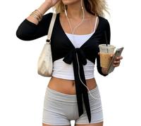 Beinvibe Women’s Tie Open Front Cropped Shrug Bolero 3/4 Sleeve Shawl Top | Crop Shrug, Tie Front Cardigan, V Neck, Y2K Top, Vacation, Beach Cover Up Tops, Layering, Coquette, Going Out, Streetwear