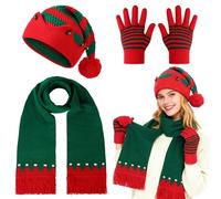 Beipegin 3 Pieces Christmas Hat Scarf Gloves Set,Warm Winter Knitted Elf Santa Hat Crochet Beanie Christmas Party Hats Novelty for Women Man