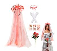 Beipegin 5PCS Halloween Dead Bride Costume Accessories Women, Zombie Bride Veil Flower Crown Headband Scar Tattoos Blood Necklace Gloves Red Roses Bouquet, Bloody Halloween Costume Accessories
