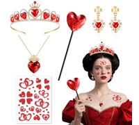 Beipegin 5PCS Queen of Hearts Accessories Set, Crown Headband Earings Necklace Wand Face Stickers, Queen of Hearts Costume Accessories Women Girls for Halloween Carnival World Book Day Cosplay Party