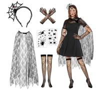 Beipegin 6 PCS Halloween Spider Web Costume Women, Spider Web Cape Headband Gothic Lace Gloves Tattoos Stockings, Halloween Costume Women for Trick or Treat Party Carnival Cosplay Masquerade Dress up