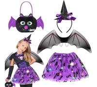Beipegin Bat Costume for Kids - LED Tutu Skirt, Bat Wings, Headband and Candy Bag - Vampire Costume for Girls
