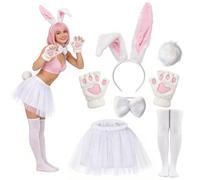 Beipegin Bunny Costume Adult Bunny Ears Headband Rabbit Bowtie Tail Tutu Skirt Stocking White Rabbit Dress Up Easter Carnival Costume