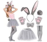 Beipegin Bunny Costume Adult Bunny Ears Headband Rabbit Bowtie Tail Tutu Skirt Stocking White Rabbit Dress Up Easter Carnival Costume