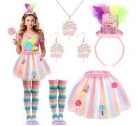 Beipegin Candyland Candy Costumes for Women,Top Hat Headband Lollipop Necklace Earrings Sweet Rainbow Tutu Stocking Candy Theme Cosplay Accessories for Halloween Christmas
