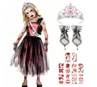 Beipegin Corpse Bride Costume Kids,Zombie Prom Dress Blood Stained Sash Crown Lace Gloves Zombie Prom Queen Costume Horror Scary Halloween Fancy Dress