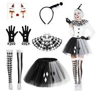Beipegin Halloween Clown Costume Women Accessories Halloween Costume Women | 5PCS Red and Black Clown Hat Headband Gloves Face Gems Knee High Socks Tutu Skirt, Ladies Jester Accessories Carnival Cosplay