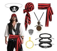 Beipegin Pirate Costume Adult Men Women,Pirate Bandana Captain Medieval Large Sash Eye Patch Necklace Earrings Ring Pirates Fancy Dress