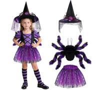 Beipegin Spider Costume for Kids Girls Spiderweb Tutu Skirt Witch Hat Spider Legs Wings Witches Vampire Fancy Dress Halloween Costume Cosplay