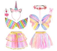 Beipegin Unicorn Dress Up Fairy Costume for Girls,Tutu Skirt with Fairy Wings Headband Wands Princess Costumes for Birthday Outfit Christmas Halloween Costume Gift Toys