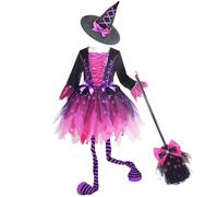 Beipegin Witch Costume Kids with Witches Hat Broomstick Deluxe Witch Fancy Dress Outfit for Girls Halloween Costume Role Play Party 4-11 Years