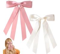 BEIQIYA 2pcs Hair Bow Clip for Women, Silky Long Tail Satin Ribbon Bow Clips, Cute Double Layer Bowknot Barrettes Hair Accessories Decorations for Braids Ponytails- Pink & Beige