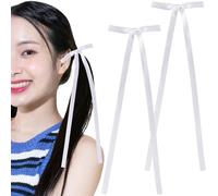 BEIQIYA 2pcs Hair Bow Clip for Women, Silky Long Tail Satin Ribbon Bow Clips, Cute Tassel Double Bowknot Barrettes Accessories Decorations for Braids Ponytails- White
