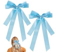 BEIQIYA 2pcs Hair Bow Clip for Women, Silky Long Tail Satin Ribbon Bow Clips, Cute Tassel Double Bowknot Barrettes Accessories Decorations for Braids Ponytails- Blue